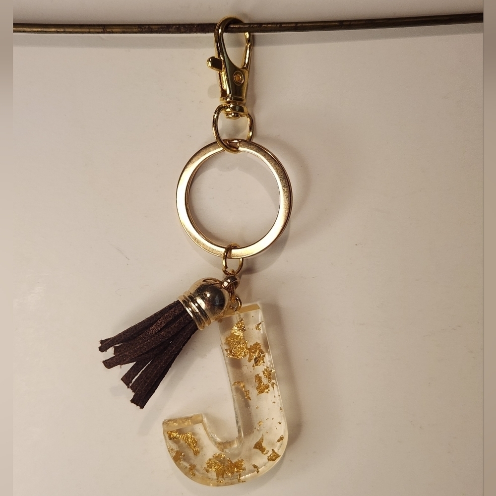 4” Handmade Letter “J” Resin Gold Leaf Tassel Keychain